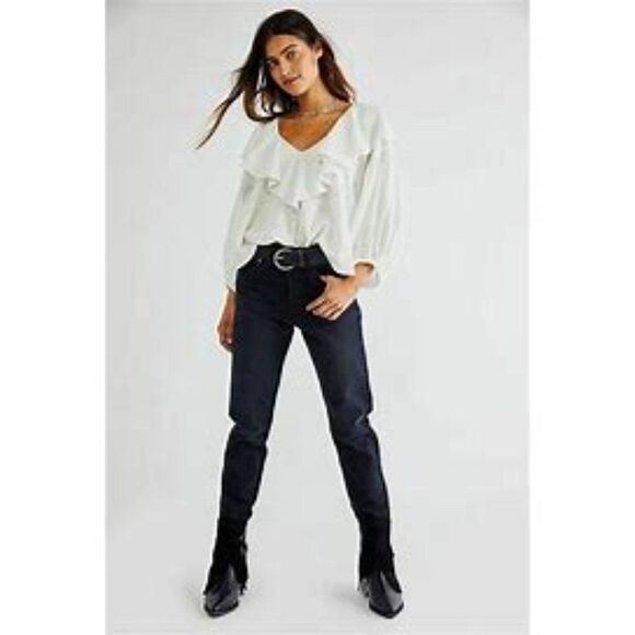 Free People Zuri White Balloon Sleeve Cropped Open Back Ruffle Blouse - Picture 2 of 13